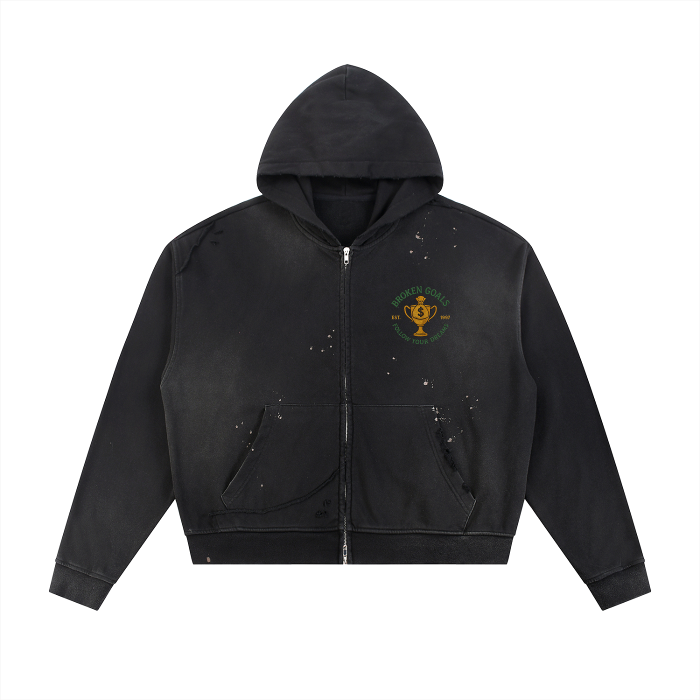 Sun Fade Frayed Raw Edge Fleece Zip Hoodie