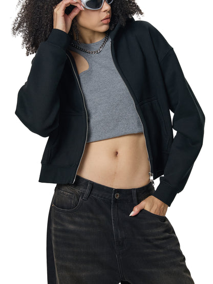 Fleeced Zip-Up Cropped Hoodie